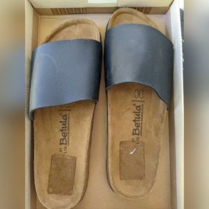 Betula by Birkenstocks Black leather slide cork bed sandals